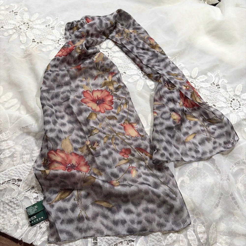 Lauren Ralph Lauren Silk Scarf Grey Leopard Floral Red Orange Print Accessory